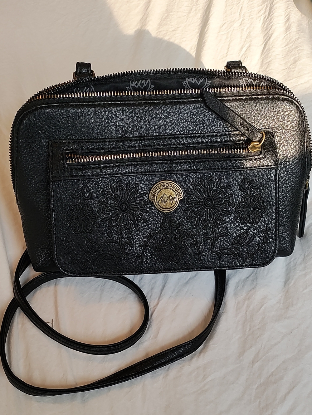 White Mountain Black Floral Embossed Crossbody Bag